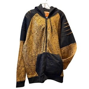 Rolling Paper Mens Gold Splatter Distressed Full Zip Hoodie Sweatshirt 4XL Black